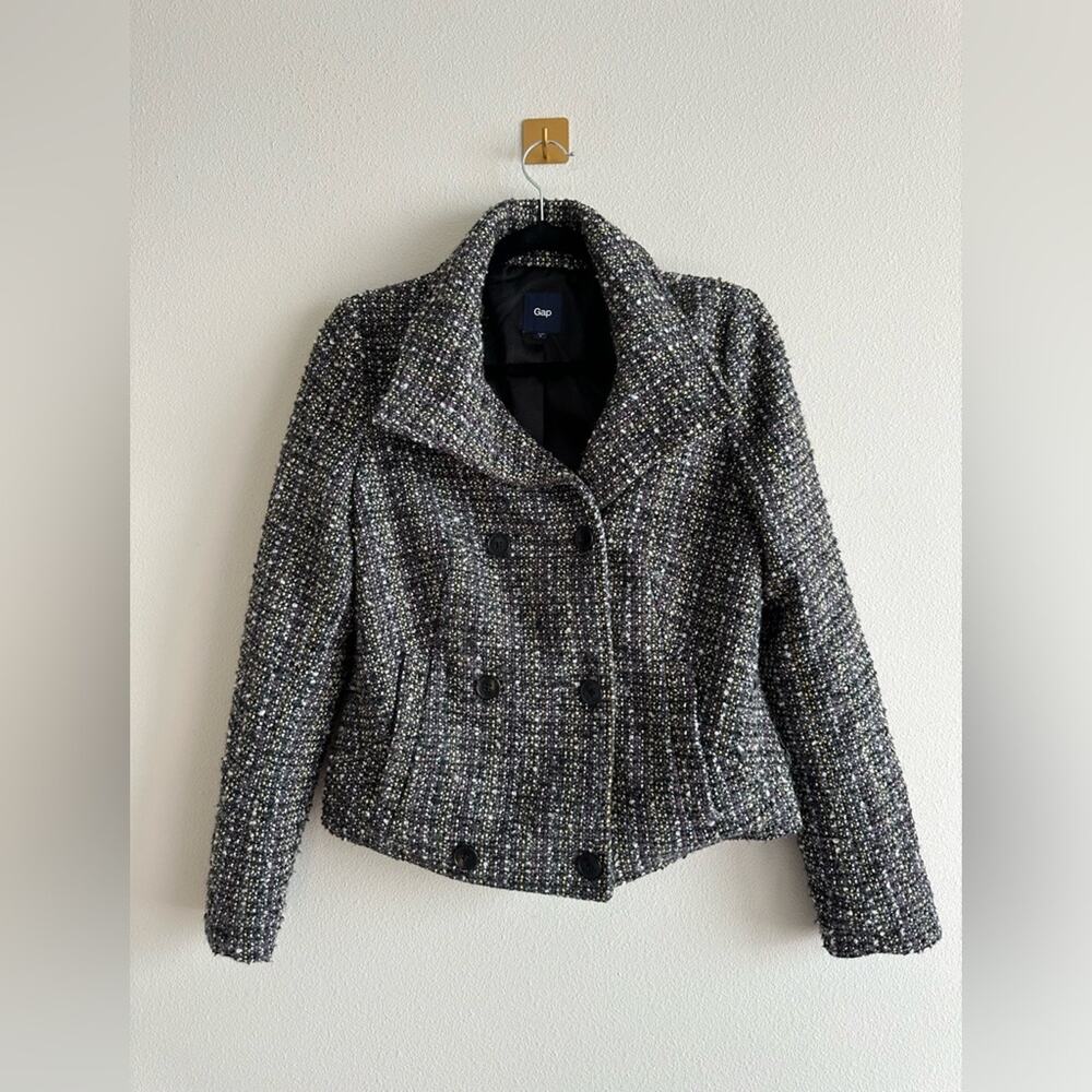 Gap Wool Blend Tweed Cropped Peacoat | Black & Multicolor Textured Jacket S